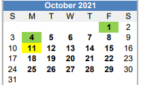 District School Academic Calendar for B-e Achievement Ctr for October 2021