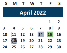 District School Academic Calendar for Brazos Co Juvenile Detention Cente for April 2022