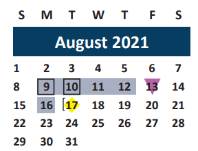 District School Academic Calendar for Brazos Co Juvenile Detention Cente for August 2021