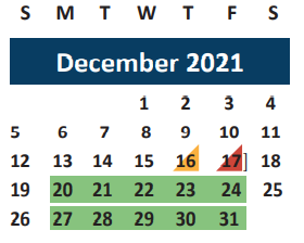 District School Academic Calendar for Brazos Co Juvenile Detention Cente for December 2021