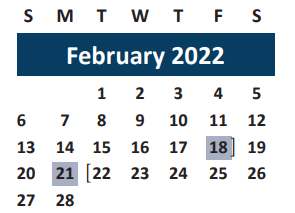 District School Academic Calendar for Brazos Co Juvenile Detention Cente for February 2022