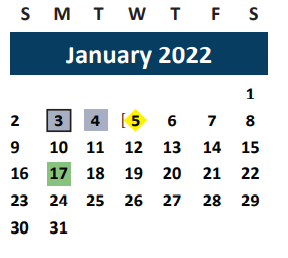 District School Academic Calendar for Brazos Co Juvenile Detention Cente for January 2022