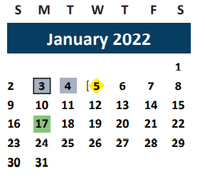 District School Academic Calendar for Sam Houston Elementary for January 2022