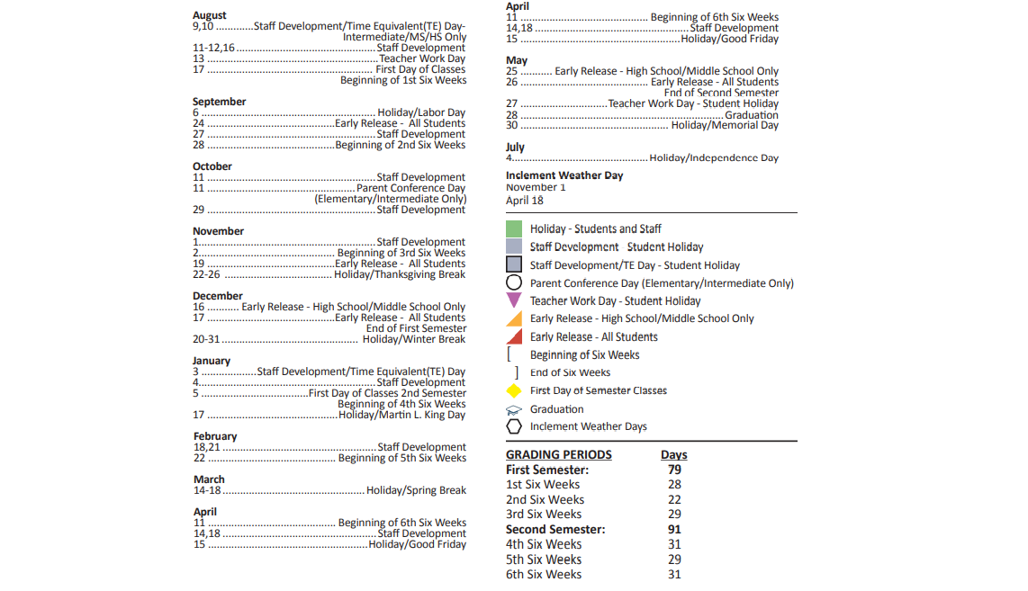 District School Academic Calendar Key for Ace Campus