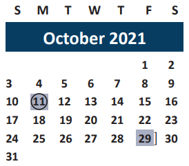 District School Academic Calendar for Sam Houston Elementary for October 2021
