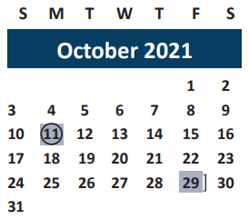 District School Academic Calendar for Sul Ross Elementary for October 2021