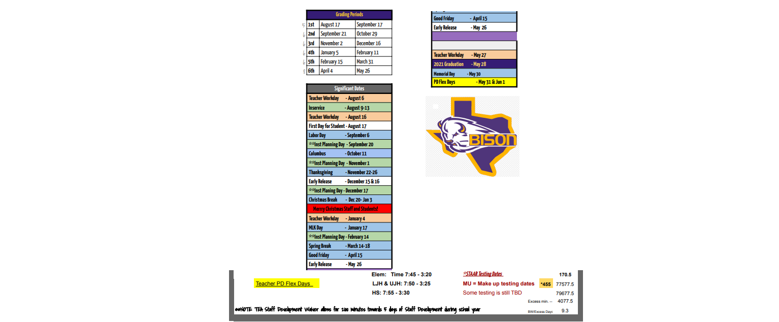 District School Academic Calendar Key for Buffalo Junior High