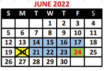 District School Academic Calendar for Dr Lydia T Wright Sch Of Excellence for June 2022