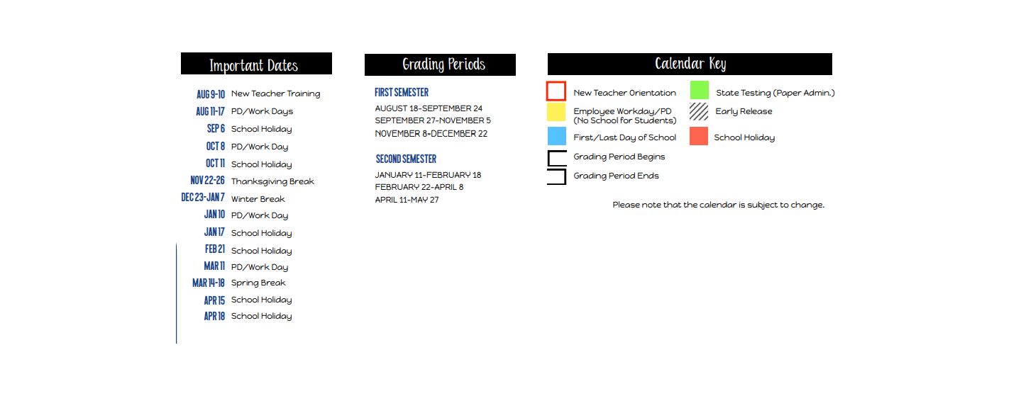 District School Academic Calendar Key for Bullard MS