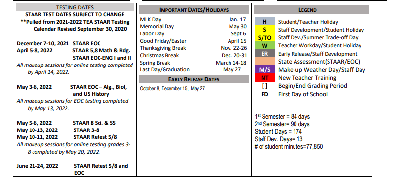 District School Academic Calendar Key for Buna High School