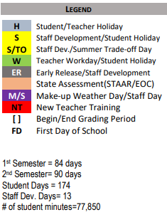 District School Academic Calendar Legend for Buna Junior High