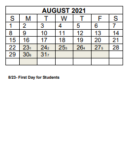 District School Academic Calendar for W D Williams Elementary for August 2021