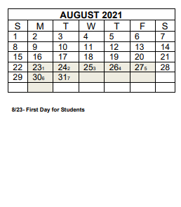 District School Academic Calendar for Cane Creek Middle for August 2021