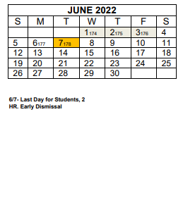 District School Academic Calendar for Cane Creek Middle for June 2022