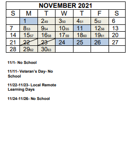 District School Academic Calendar for Weaverville Elementary for November 2021