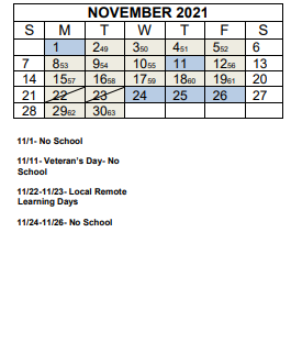 District School Academic Calendar for Cane Creek Middle for November 2021