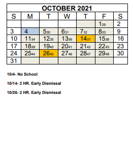 District School Academic Calendar for W D Williams Elementary for October 2021