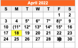 District School Academic Calendar for Wichita Co Jjaep for April 2022