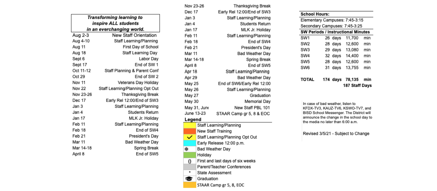 District School Academic Calendar Key for I C Evans El