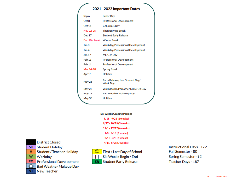 District School Academic Calendar Key for Mcalister Elementary