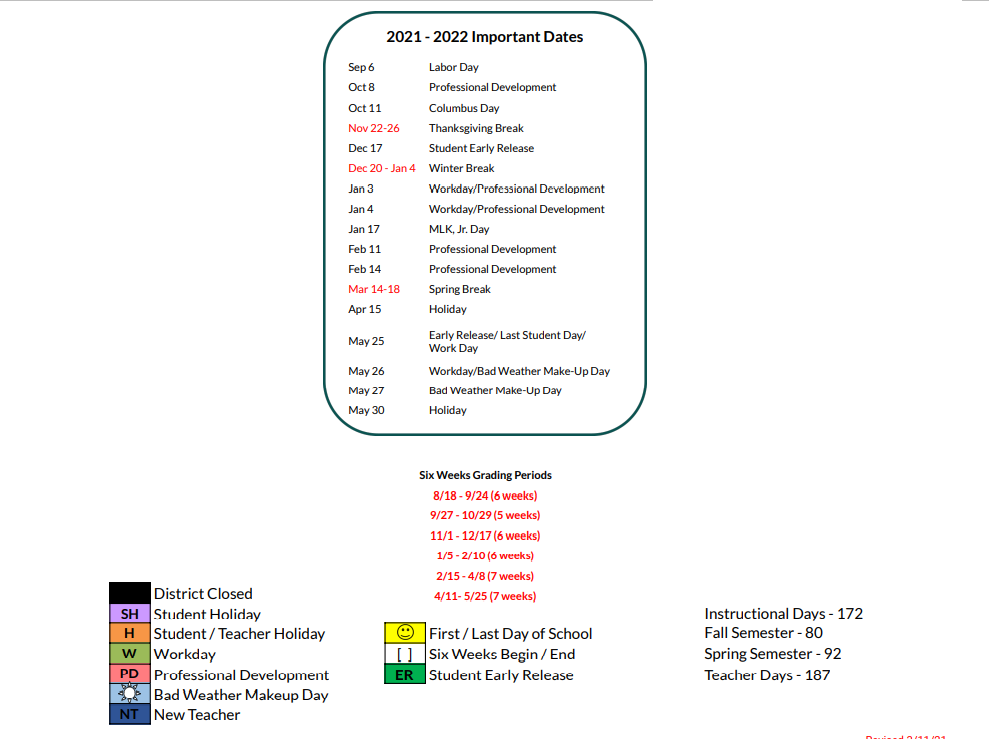 District School Academic Calendar Key for The Academy At Nola Dunn