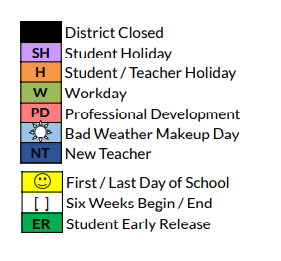 District School Academic Calendar Legend for The Academy At Nola Dunn