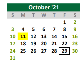 District School Academic Calendar for Quest for October 2021