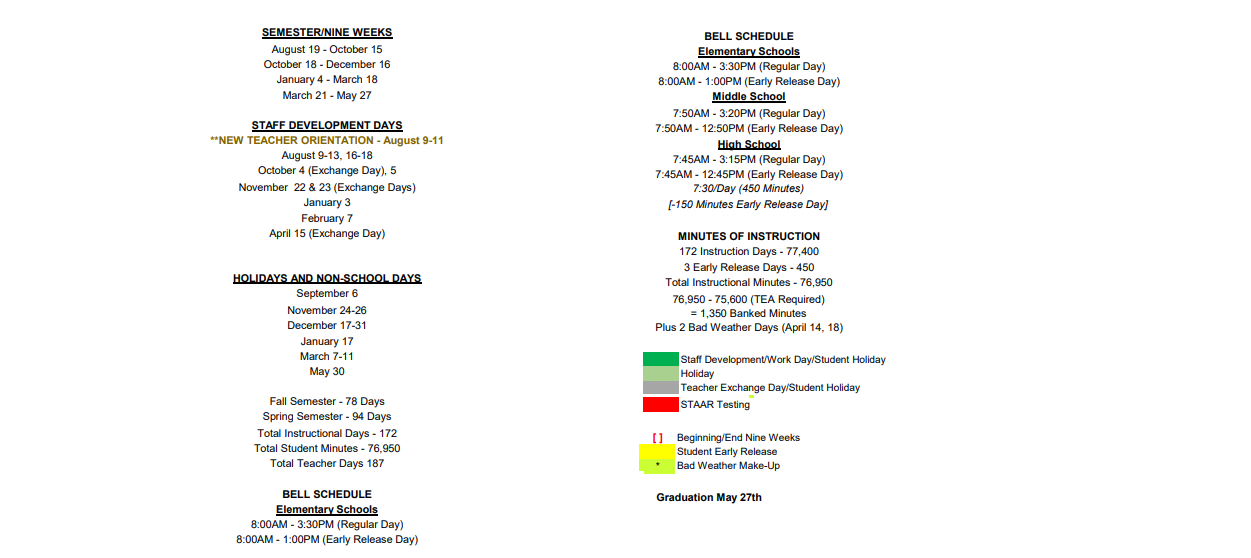 District School Academic Calendar Key for Caddo Mills Elementary