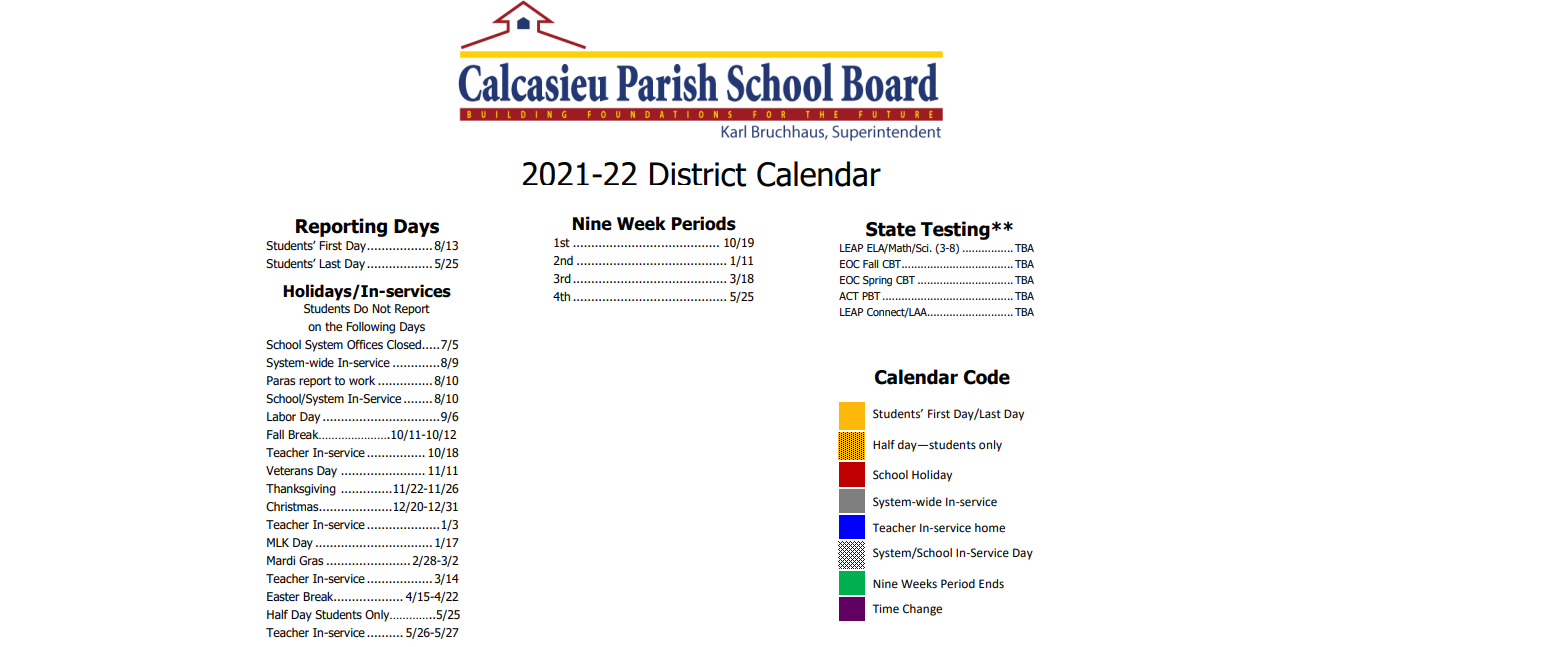 District School Academic Calendar Key for Calcasieu Career Center