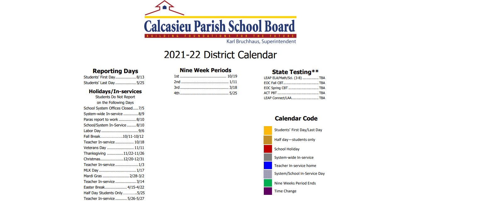 District School Academic Calendar Key for Gillis Elementary School