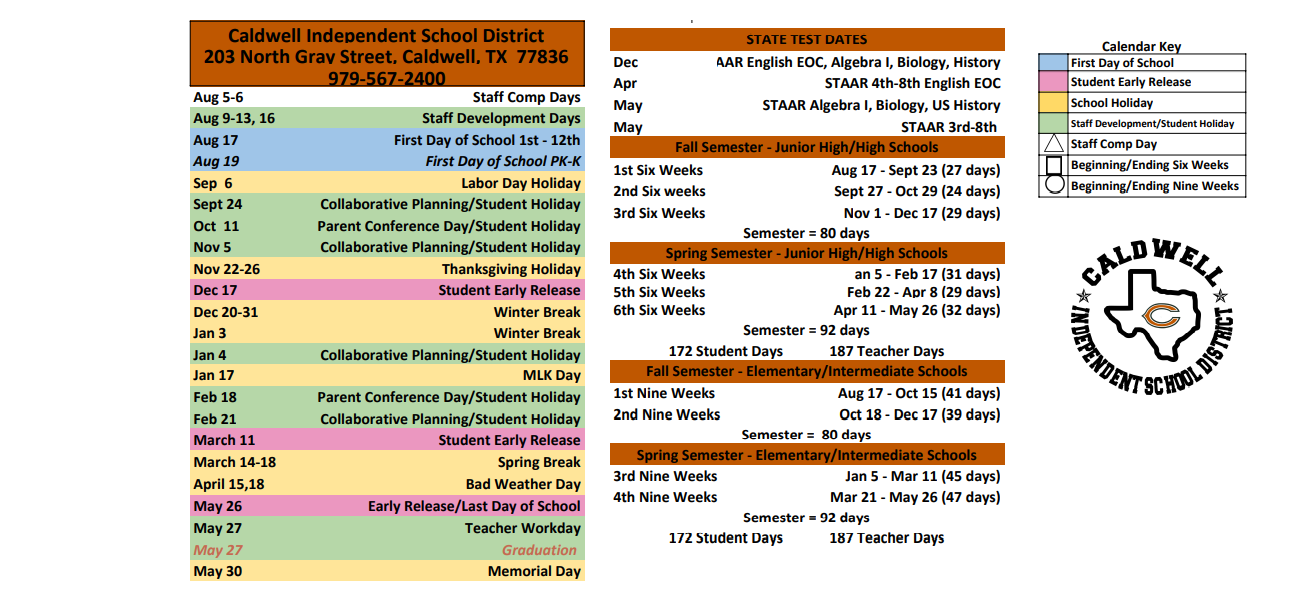 District School Academic Calendar Key for Caldwell Elementary