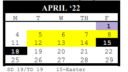 District School Academic Calendar for Port O Connor Elementary for April 2022
