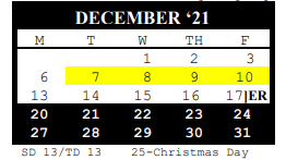 District School Academic Calendar for Travis Middle for December 2021