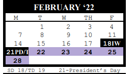 District School Academic Calendar for J J A E P for February 2022