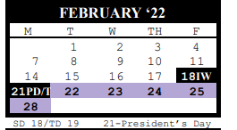 District School Academic Calendar for Port O Connor Elementary for February 2022