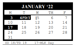 District School Academic Calendar for Calhoun H S for January 2022