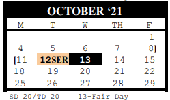 District School Academic Calendar for Travis Middle for October 2021
