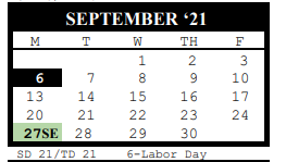 District School Academic Calendar for Travis Middle for September 2021