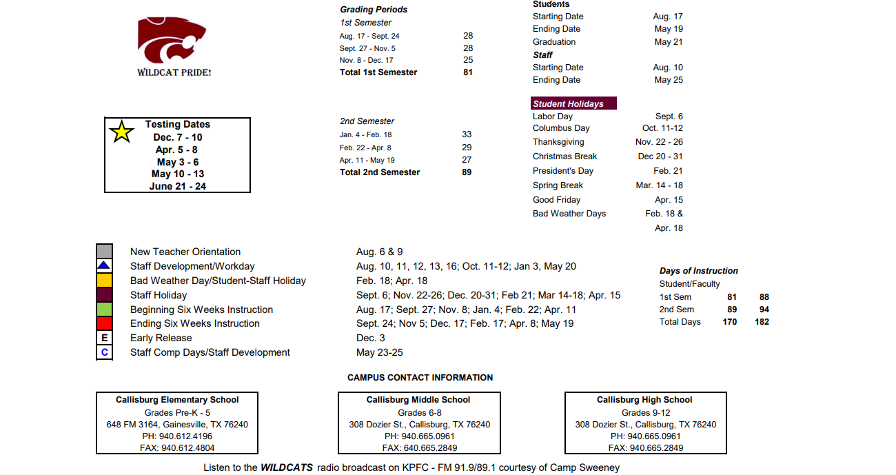 District School Academic Calendar Key for Callisburg High School