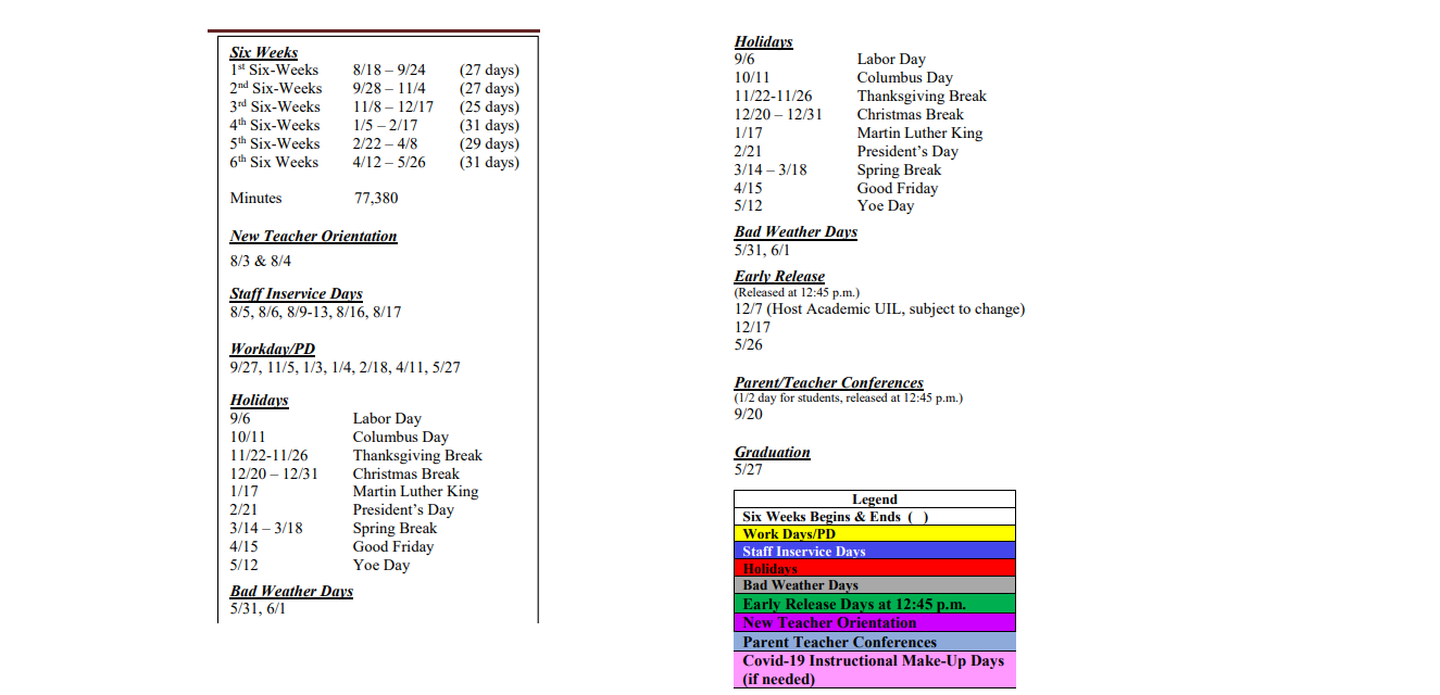 District School Academic Calendar Key for Ben Milam Elementary School