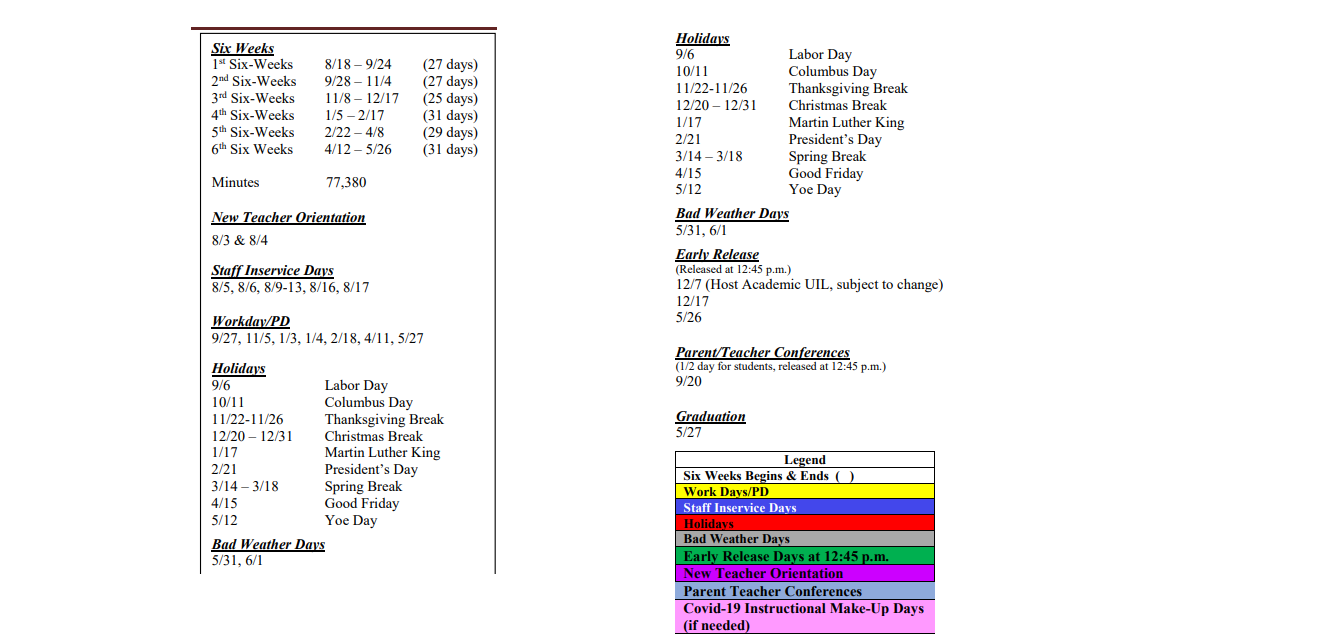 District School Academic Calendar Key for Cameron Junior High School