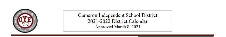 District School Academic Calendar for Cameron Junior High School