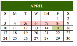 District School Academic Calendar for Van Zandt-rains Co-op for April 2022