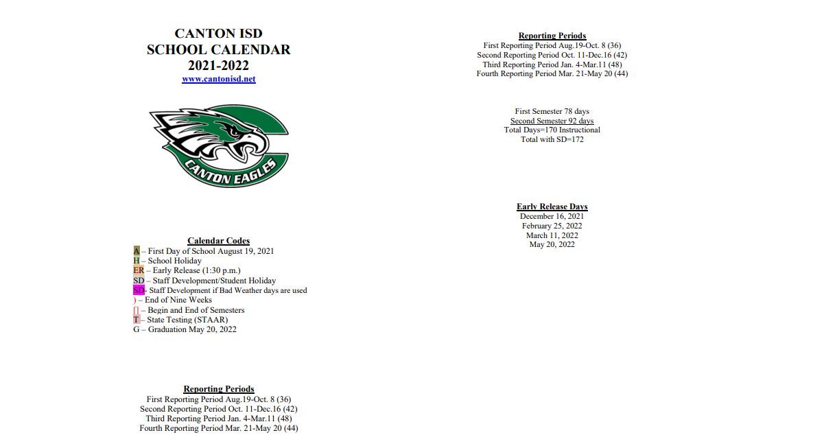 District School Academic Calendar Key for Canton Junior HIgh