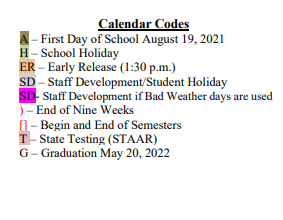 District School Academic Calendar Legend for Van Zandt-rains Co-op