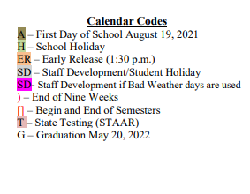 District School Academic Calendar Legend for Canton Intermediate