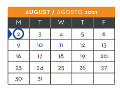 District School Academic Calendar for New Elementary School #2 for August 2021