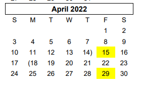 District School Academic Calendar for Greenways Intermediate School for April 2022