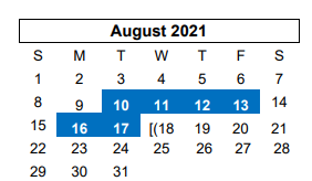 District School Academic Calendar for Westover Park Jr High for August 2021