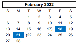 District School Academic Calendar for Westover Park Jr High for February 2022